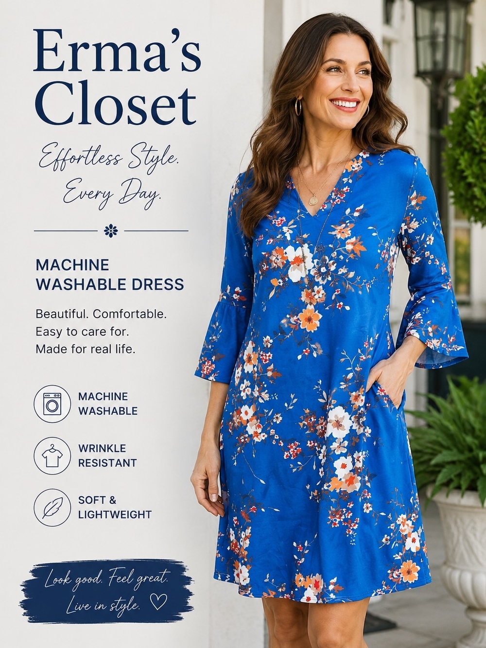Blue Floral V-Neck Dress